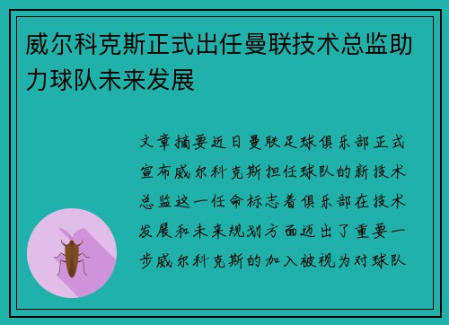 威尔科克斯正式出任曼联技术总监助力球队未来发展